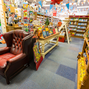 inside a colourful bookshop